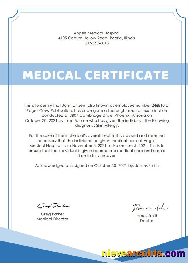 USA Hospital Medical certificate